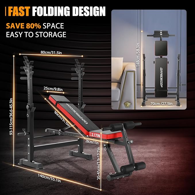 Weight Bench Set with Squat Rack, OPPSDECOR 6 in 1 600lbs Bench Press Set With Removable Leg Catch, Adjustable Incline Flat Decline Sit Up Workout Bench, Full Body Strength Training for Home Gym -