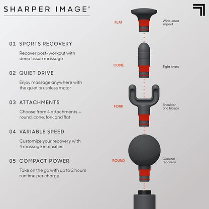 Sharper Image Powerboost Move - Mini Percussion Massage Gun| 4 Attachments, 4 Speeds, FSA Eligible| Full Body Back & Shoulder Massager| Deep Tissue Muscle Recovery| Portable Pain Relief Massage Tool