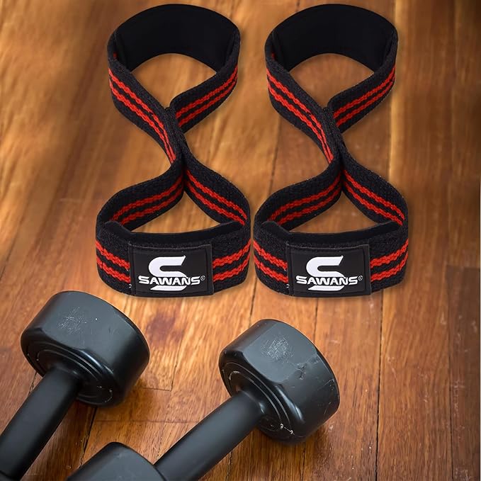SAWANS Lifting Straps Padded Grip Figure 8 Wrist Straps Weight Heavy Duty Double Loop Bodybuilding Training Gym Straps Hand Bar Non Slip Deadlift Support Strong Cuffs Powerlifting
