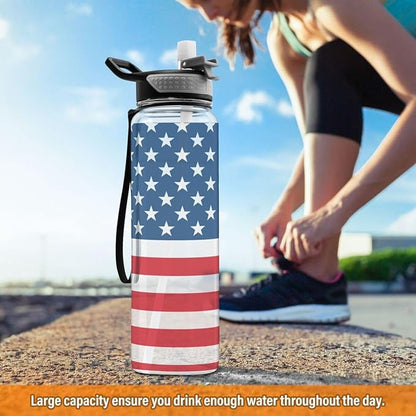 ALAZA American Flag Striped Sports Water Bottle with Straw Tritan Drink Bottle 32 oz BPA Free Reusable for Travel Outdoor Fitness