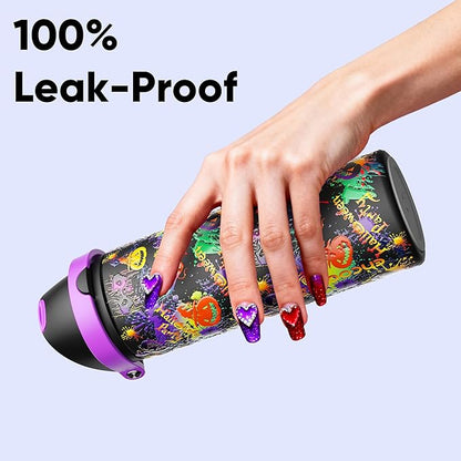 Insulated Water Bottle with Straw - Encool Stainless Steel Water Bottle with Push Button Lid, Leak-Proof & BPA-Free, Keeps Cold for 24 Hours for Sports, Travel, Gym (24 oz, Ghost Party)