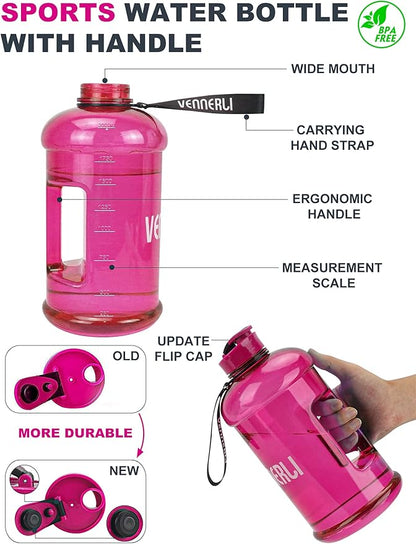 VENNERLI Portable Large Plastic Water Bottle - BPA-free Half Gallon Reusable 2 Liter Water Jug for Outdoor Hiking Fitness Travel Camping Cycling