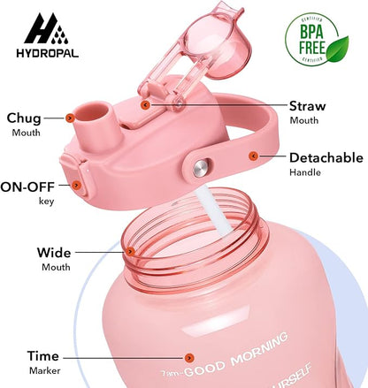 HydroPal 1 Gallon Water Bottles with Straw, 128 oz Water Bottle BPA Free Innovative 2-IN-1 Lid Gym Bottle with Times to Drink Motivational, Large for Sports Fitness Camping Water Jug （13.8X5.5 inch）