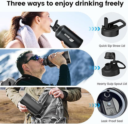 Insulated Water Bottle 32 oz, Triple Wall Vacuum Stainless Steel(Cold for 48 Hrs),Leak Proof & BPA-Free,Simple Modern Water Bottle with Drink-Through Lid & Flip Straw for Sports & Travel, Black