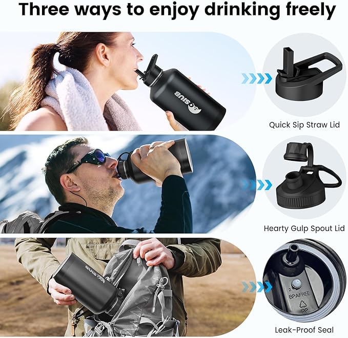 Insulated Water Bottle 128 oz, Triple Wall Vacuum Stainless Steel(Cold for 48 Hrs),Leak Proof & BPA-Free,Half Gallon Water Bottle with Reflective Paracord & Flip Straw for Sports & Travel, Black
