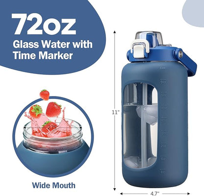 72oz Glass Water Bolttles, 3-in-1 Straw and Sip Spout Handle Lid, Half Gallon Water Bottle with Time Marker and Silicone Sleeve, BPA-Free Sports Water Bottle for Gym, School, DBlue