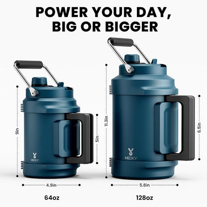 64 oz Insulated Water Bottle for Gym: Meoky Triple Wall Vacuum Stainless Steel Half Gallon Water Jug - Top and Side Handles, 2-in-1 Straw and Spout Lid, Cold for 36 Hrs, Leak Proof for Camping (Denim)