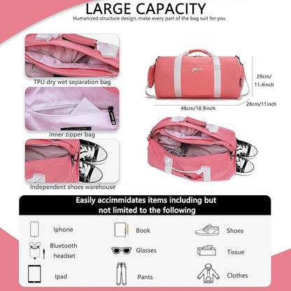 BE Smart Gym Bag Sports Duffle Bag for Men Women, Waterproof Gym Bags Weekender Bags with Shoe Compartment, Lightweight Large Overnight Workout Bag, Pink With Tpu Pocket, Casual Fashion