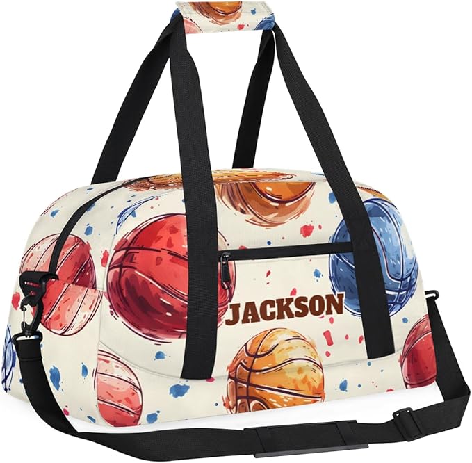 Personalized Basketball Gym Duffel Bags for Kids Boys, Custom Name Sport Training Travel Bags for Overnight Weekender, Beige