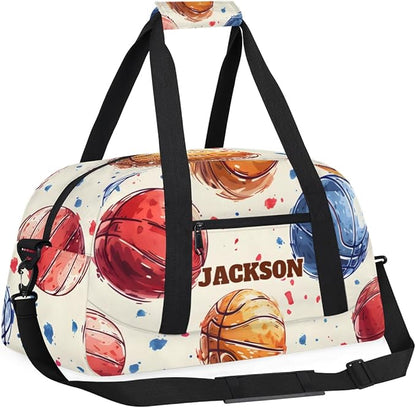Personalized Basketball Gym Duffel Bags for Kids Boys, Custom Name Sport Training Travel Bags for Overnight Weekender, Beige