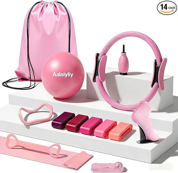 Home Pilates Ring and Ball Set for Women with 5 Resistance Bands 13 inch Magic Circle Workout Starter Kit for Beginners Full Body Toning 15 Min Daily Routine Pilates Equipment