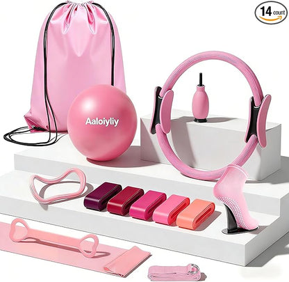 Home Pilates Ring and Ball Set for Women with 5 Resistance Bands 13 inch Magic Circle Workout Starter Kit for Beginners Full Body Toning 15 Min Daily Routine Pilates Equipment