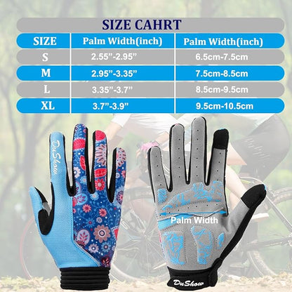 DuShow Bike Gloves for Women Cycling,Pink Floral Workout Gloves Women,Full Finger Biking Driving Riding Gloves for Women,Gel Padded Touch Screen Gym Gloves