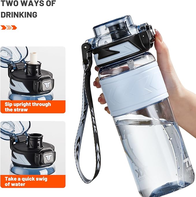 TKK Sports Water Bottles with Removable Straw 29 oz Leak-proof Flip Top Lid BPA Free Tritan Bottle with Strap for School, Fitness, Gym, Outdoor, Blue