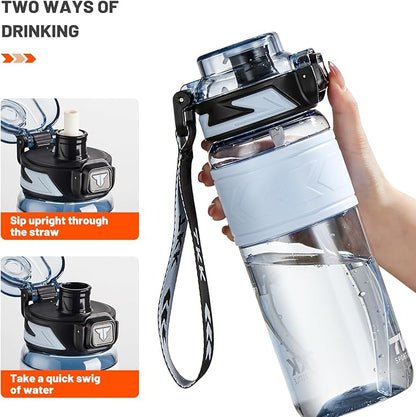 TKK Sports Water Bottles with Removable Straw 29 oz Leak-proof Flip Top Lid BPA Free Tritan Bottle with Strap for School, Fitness, Gym, Outdoor, Blue