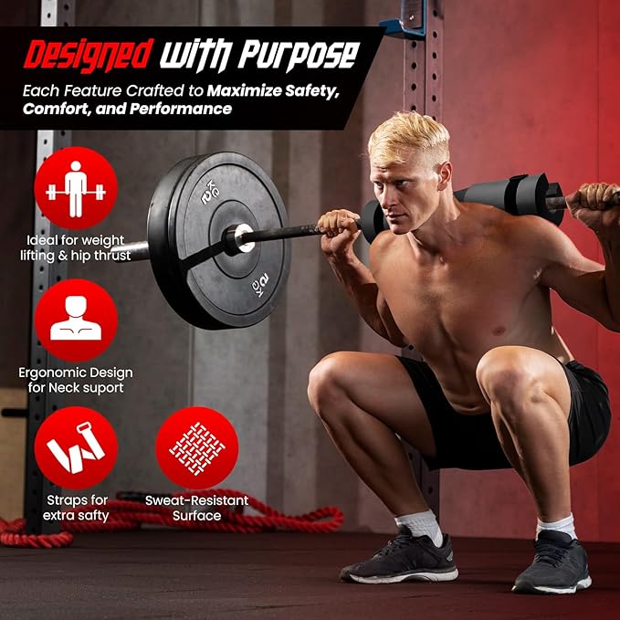 Barbell Pad for Squats & Hip Thrusts – 1.2” Extra-Thick High-Density Foam – Non-Slip Neck & Shoulder Support Cushion – Fits Olympic & Standard Bars – Quick On/Off Design + 2 Securing Straps
