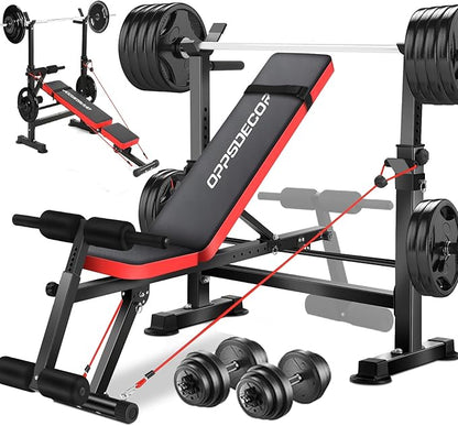 OPPSDECOR 8-in-1 Foldable Weight Bench Set with Squat Rack, Adjustable Bench Press Home Gym System for Full-Body Workout, Flat Incline Decline Sit Up Bench with Removable Foot Catch & Elastic Ropes