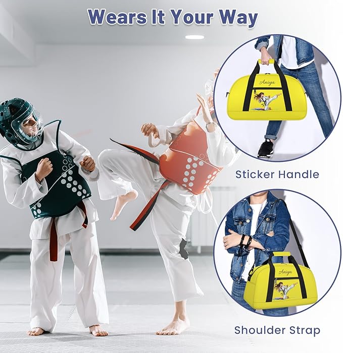 Custom Name Taekwondo Karate Duffle Bag for kids Girls - Personalized Martial Arts Gear Bag, Water-Resistant Sparring Equipment Bag, Taekwondo Yellow