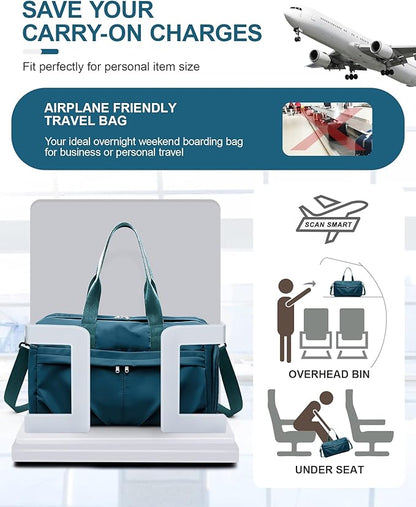 Gym Bag for Women Men with Shoe Compartment, Sport Duffel Bag, Waterproof Travel Weekender Overnight Carry on Bag for Yoga with Trolley Sleeve, Peacock Blue