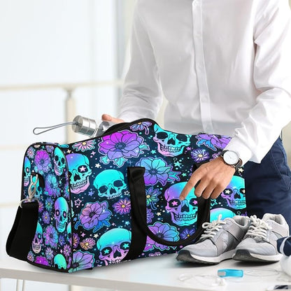 Travel Duffel Bag Skeleton Universe Flower Sport Tote Gym Bag Waterproof Foldable Carryon Weekend Overnight Training Handbag Sports Duffle Bags for Women Men Boys Girls