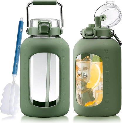 Large Glass Water Bottles with Stainless Steel Handle,100 oz Gallon Drinking Bottle with 2-in-1 Straw Lid,3 Liter Glass Water Jug with Silicone Sleeve,Wide Mouth,Olive