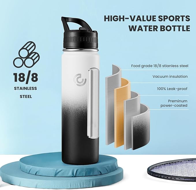 COKTIK 22oz Sports Water Bottle, Stainless Steel Water Bottle for Insulated, Reusable Travel Bottle, With Straw,With Handle Grip for Easy Carrying, Suitable for Cycling,Outdoor Vacations(Day&Night)