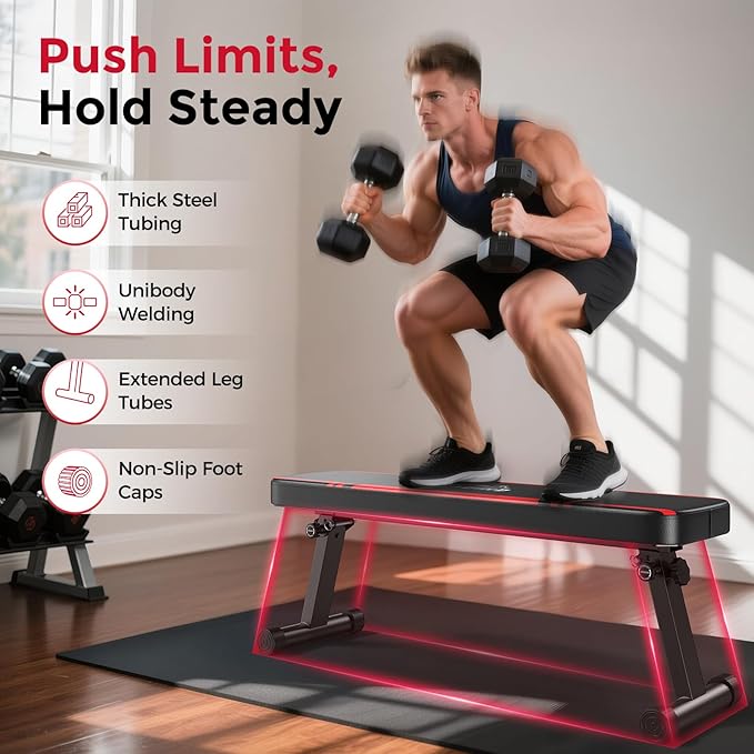 FLYBIRD Foldable Flat Weight Bench For Home Gym, Sturdy Strength Training Workout Bench, Space-saving Bench Press Flat Exercise Bench, Easy to Assemble