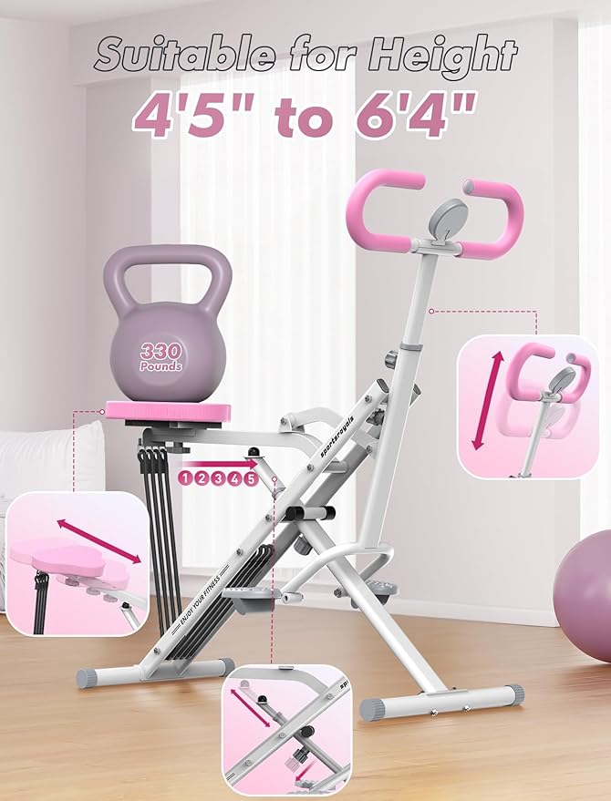 Sportsroyals Squat Machine, Squat Assist Rower for Glutes and Thighs, Foldable Exercise Equipment w/ Four Adjustable Resistance for Home, Full Body Workout Machine