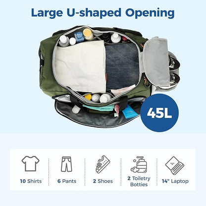 Searock 45L Gym Bag for Men, 3-In-1 Duffle Bag Backpack for Travel, Sports Duffel Bags for Gym Workout, Weekender Overnight Bag with Shoe Compartment, Wet Pocket, Green