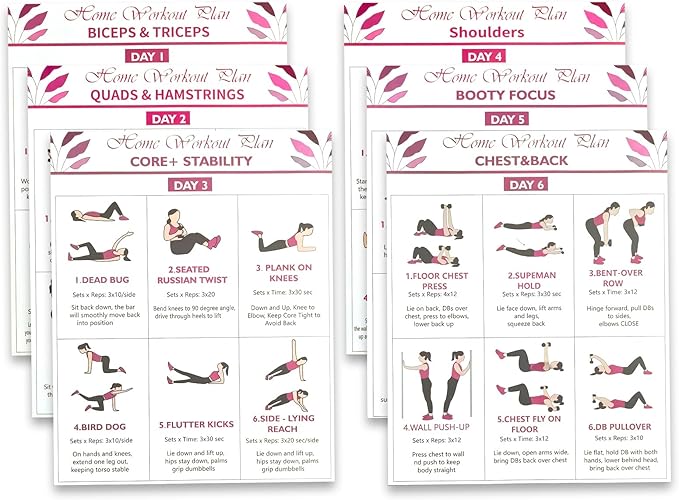 6-Pack Dumbbell Workout Posters for Beginners | Home Fitness Plan with Daily Exercise Routines for Weight Loss & Muscle Tone, Strength & Flexibility | Cycle Through Daily Guided Workouts | 8x10 Inch Charts (Red)