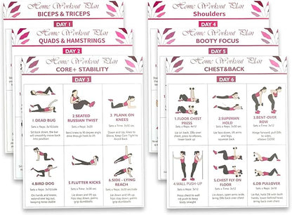 6-Pack Dumbbell Workout Posters for Beginners | Home Fitness Plan with Daily Exercise Routines for Weight Loss & Muscle Tone, Strength & Flexibility | Cycle Through Daily Guided Workouts | 8x10 Inch Charts (Red)