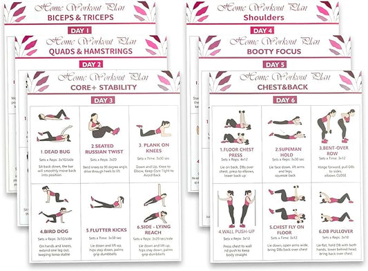 6-Pack Dumbbell Workout Posters for Beginners | Home Fitness Plan with Daily Exercise Routines for Weight Loss & Muscle Tone, Strength & Flexibility | Cycle Through Daily Guided Workouts | 8x10 Inch Charts (Red)