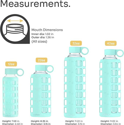 purifyou 40oz / 32oz / 22oz / 12oz Borosilicate Glass Water Bottle with Time & Volume Markers, Silicone Sleeve, Stainless Steel Lid | Reusable Glass Bottle for Water & Juice (12oz Glow-in-the-Dark)