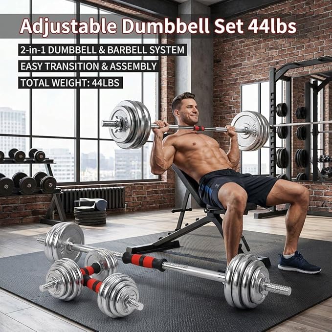 Adjustable Dumbbell Set 44lbs – 2-in-1 Home Gym Cast Iron Barbell & Dumbbell Kit with Carry Box, Stainless Steel Handles, 12 Weight Plates for Men Women Office Bedroom Full-Body Workout