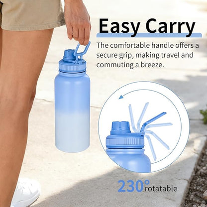 Motivational Water Bottle 32oz with Time Marker- Leakproof & BPA Free Sports Water Bottle with Straw & Carry Strap for Gym, Travel and Outdoor Sports (Stainless steel insulation-Blue)