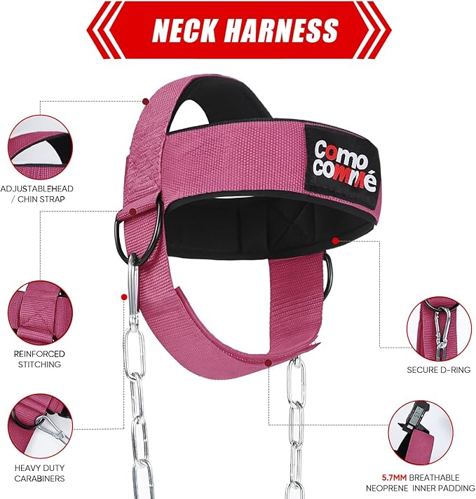 Fitness Neck Head Harness Trainer for Men and Women, Neck Exerciser with 29" Heavy Duty Steel Chain for Safely Lifting, Adjustable Neoprene Neck Exerciser for Weight Lifting, Home and Gym Use