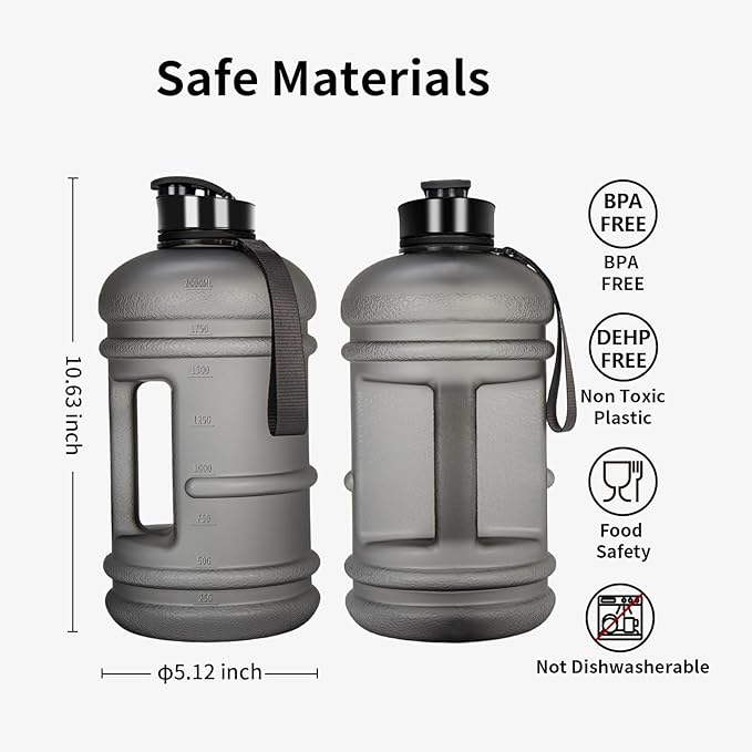 TOOFEEL Half Gallon Water Jug - 2 Liter BPA Free Reusable Bottle with Measurements - Ideal for Gym, 74 oz Matte Light Gray