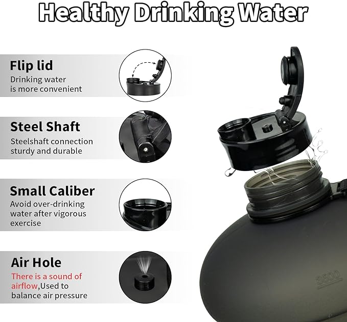 TOOFEEL 1 Gallon Water Bottle - 128 oz With Flip Lid, Measurements Marked, Leak Proof BPA Free Jug for Gym, Sports - Matte Black