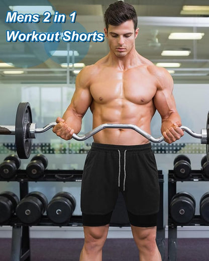 Sureio 3 Pcs Men's 2 in 1 Workout Running Shorts 5 Inch Quick Dry Athletic Gym Shorts with Liner and Side Pockets Towel Loop