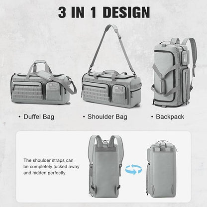 G4Free 3-in-1 Travel Duffle Bag for Men and Women, 50L Large Gym Sports Bags Tactical Military Duffle Backpack with Shoes Compartment and Wet Pocket (Grey)