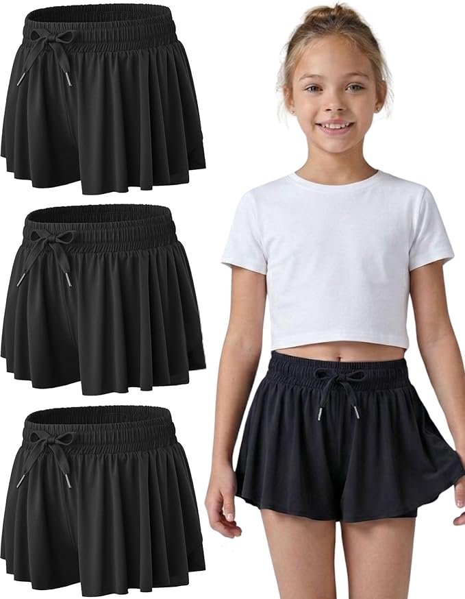 3 Pack Girls Flowy Shorts with Spandex Liner 2-in-1 Youth Butterfly Skirts for Fitness, Running, Sports