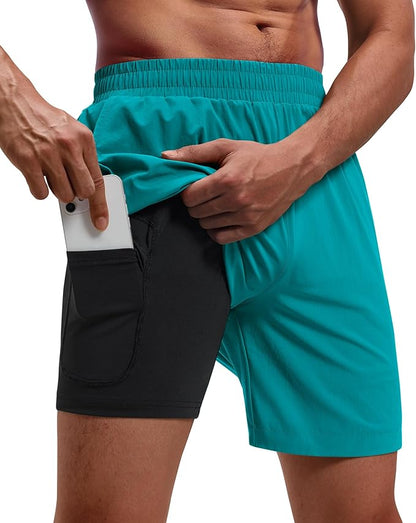 Running Shorts for Men 7 inch Inseam 2 in 1 Quick Dry Athletic Gym Workout Tennis Shorts with Phone Pockets