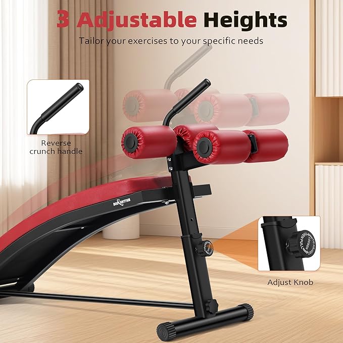 BODY RHYTHM Sit Up Bench with 4 Adjustable Heights and Reverse Crunch Handle, Curved Ab Workout Bench for Home Gym, Adjustable Weight Bench for Core Workouts and Decline Bench Press, Suitable for Individuals Up to 5.9ft Tall.