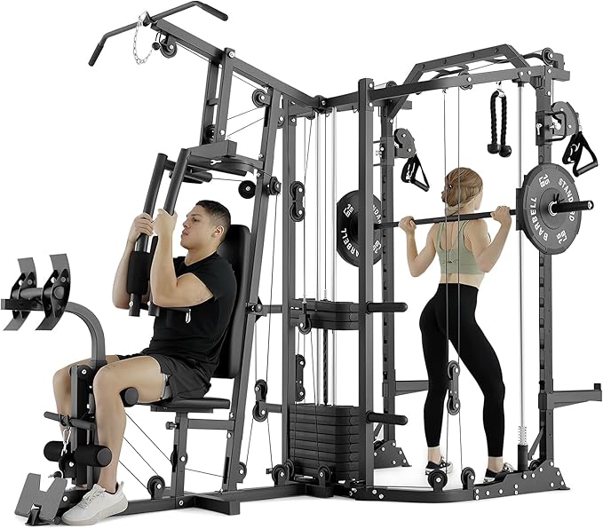 GMWD Dual-Station SmithΔ Machine Power Cage, All-in-One Home Gym Workout Station with 121LB Weight Stacks & Cable Crossover, Professional Functional Trainer for Couples & Family Strength Training