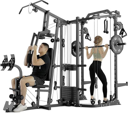 GMWD Dual-Station SmithΔ Machine Power Cage, All-in-One Home Gym Workout Station with 121LB Weight Stacks & Cable Crossover, Professional Functional Trainer for Couples & Family Strength Training