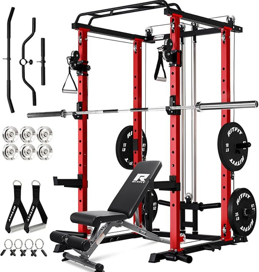 RitFit Multi-Function Garage & Home Gym Package Includes 1200LBS Power Cage PPC03/P3 with Cable Crossover System, Weight Bench, Olympic Barbell Weight Set, Full Body Workout