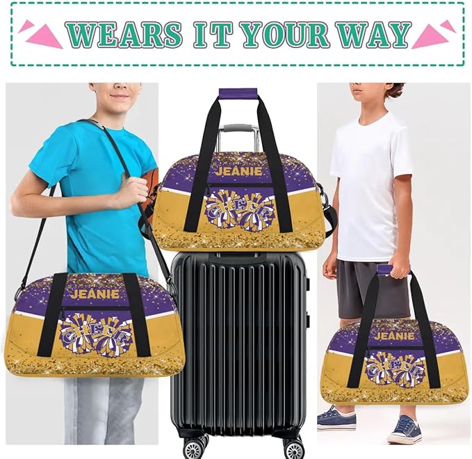 Personalized Cheer Gym Bags for Girls Kids Cheerleaders with Custom Name Sport Dance Perform Training Duffel Bags for Overnight Weekender Travel Purple Yellow
