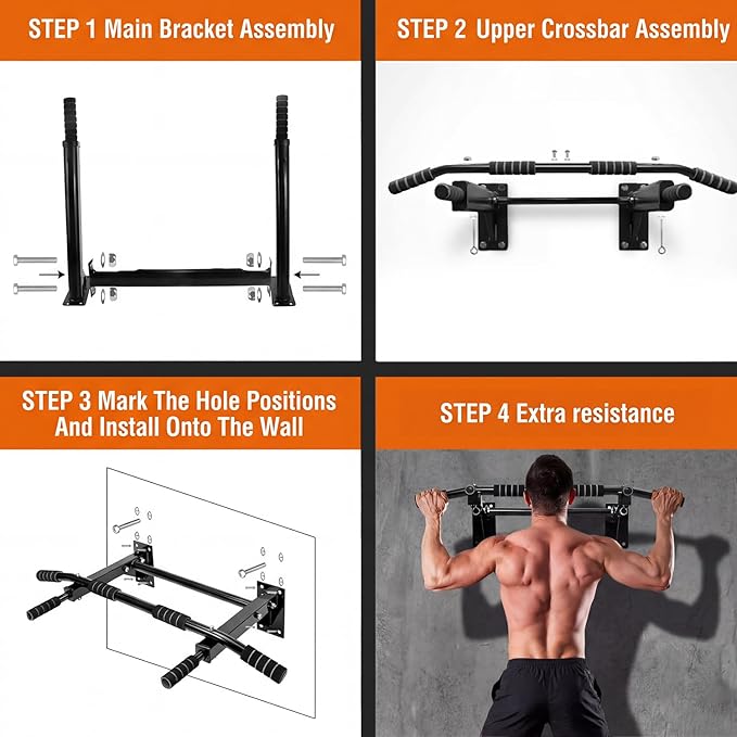 Pull Up Bar Wall Mounted - Multifunctional Wall Mounted Pull Up Bar for Home Gym, Workout Strength Training Equipment, Chin-Up Bar with 2 Suspension Anchors, Fits 16" & 24" Studs