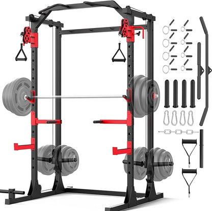 Power Cage with Dual Cable Crossover System, 2000LBS Heavy Duty Squat Rack with Independent Pulleys for Full Body Workout, All-in-One Home Gym Equipment,Compact 13.26 Sq Ft for Garage & Basement