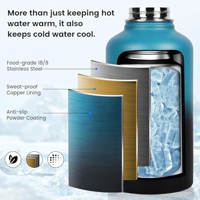 Insulated Water Bottle 64 oz, Triple Wall Vacuum Stainless Steel(Cold for 48 Hrs),Leak Proof & BPA-Free,Half Gallon Water Bottle with Reflective Paracord & Flip Straw for Sports & Travel, Indigo-Black